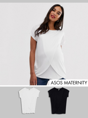 Asos Design Maternity Nursing 2 Pack T-shirt In Black And White