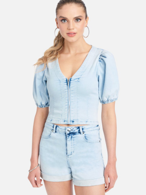 Ombre Wash Puff Sleeve Jean Top