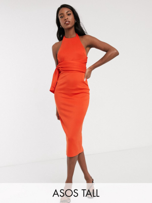 Asos Design Tall Racer Front Tie Back Pencil Midi Dress In Fiery Red
