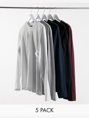 Asos Design 5 Pack Long Sleeve T-shirt With Crew Neck