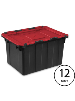 Sterilite 12 Gallon/45 Liter Hinged Lid Industrial Tote, Red Lid (12 Pack)