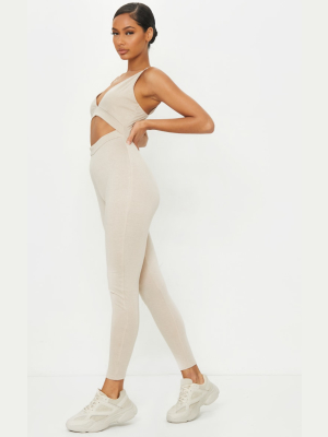 Taupe Strappy Plunge Cut Out Jumpsuit