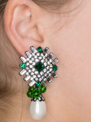 Emerald And White Pearl Drop Clip Earrings