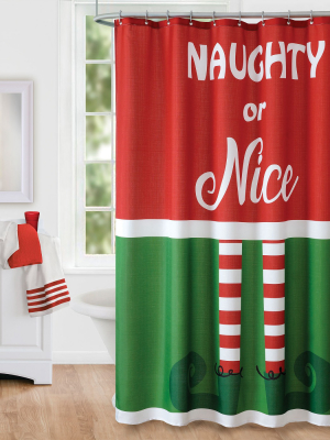 Elf Naughty Or Nice Christmas Holiday Fabric Shower Curtain - Red/green - Elrene Home Fashions