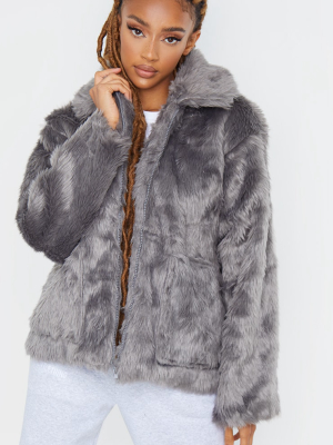 Dark Grey Long Faux Fur Pocket Front Jacket