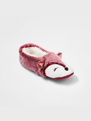 Women's Fox Faux Fur Pull-on Slipper Socks - Burgundy