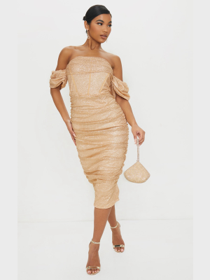 Rose Gold Glitter Chiffon Bardot Ruched Midi Dress