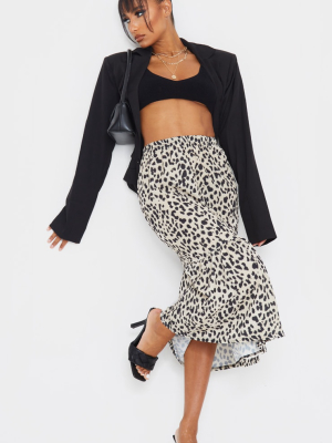 Stone Leopard Printed Frill Hem Midi Skirt