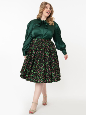 Magnolia Place Plus Size Black & Candy Cane Print Swing Skirt