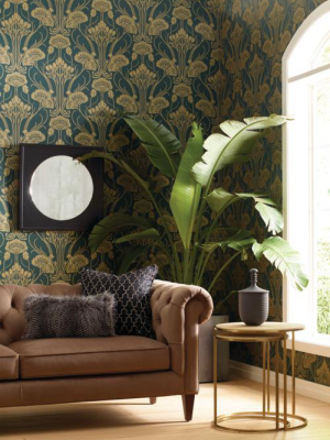 Nouveau Damask Wallpaper In Green And Gold From The Deco Collection By Antonina Vella For York Wallcoverings