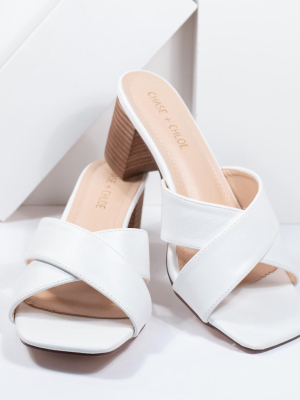 White Leatherette Slip On Block Heel Sandals