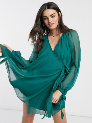 Asos Design Pleated Wrap Mini Dress With Long Sleeves In Forest Green