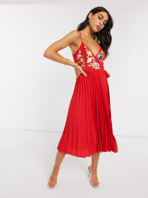 Asos Design Embroidered Pleated Cami Wrap Midi Dress In Red