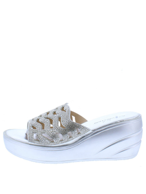 Andrea098 Silver Sparkle Laser Cut Open Toe Slide Wedge