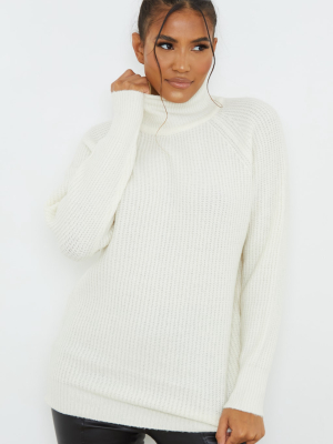 Cream Balloon Sleeve Longline Knitted Jumper