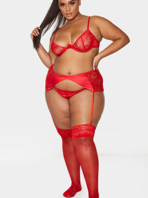 Plus Red Floral Lace And Satin Suspender Belt