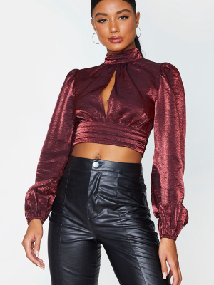 Burgundy Metallic Woven Tie Back Blouse