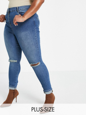 Yours Ripped Knee Skinny Jeans In Vintage Blue