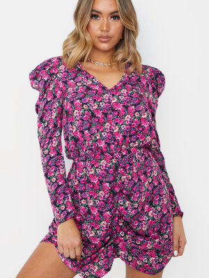 Pink Floral Print Ruched Skirt Detail Shift Dress