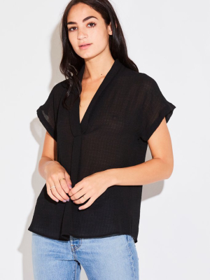 V-neck Shawl Blouse In Black French Woven