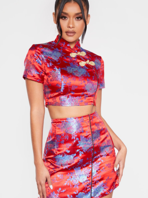 Red Satin High Neck Short Sleeve Crop Top