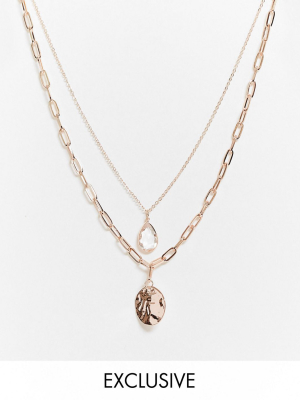 Designb London Exclusive Multirow Necklace With Coin And Pendant In Rose Gold