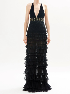 Black Tiered Tulle Gown With Criss Cross Back And Embroidered Detail