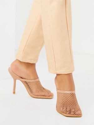 Nude Square Toe Fishnet Mules