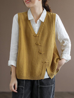 Plus Size - Women Button Knitted Split Sleeveless Vest Waistcoat Sweater