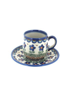 Blue Rose Polish Pottery Aztec Flower Espresso Cup & Saucer