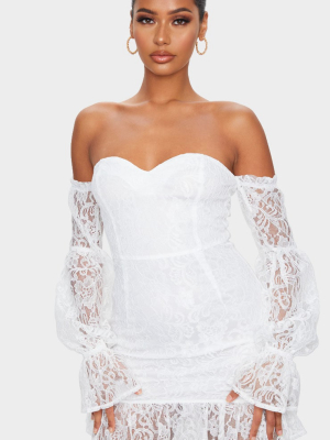 White Lace Bardot Puff Sleeve Bodycon Dress