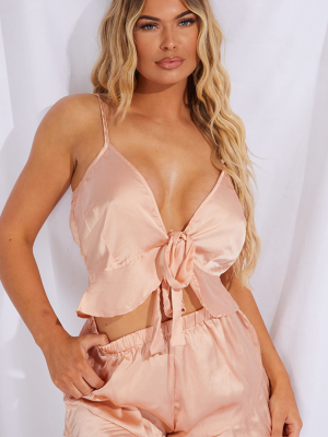 Rose Gold Satin Tie Front Frill Short Pj Set