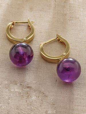 Gold Hoop & Amethyst Bead Earrings