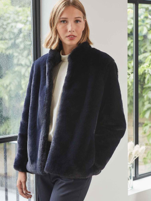 Carly Cropped Faux Fur Coat - Navy