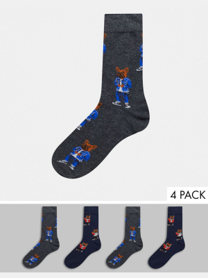 Jack & Jones 4 Pack Dog Print Socks In Navy