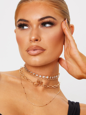 Gold Multi Layer Diamante Choker Necklace