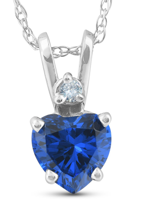 Pompeii3 Diamond & Simulated Blue Sapphire Heart Shape Pendant Necklace 14k White Gold