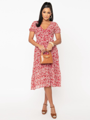 Vintage Style Wine & Cream Floral Midi Dress