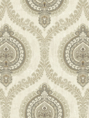 Medallion Ogee Wallpaper In Warm Silver From The Caspia Collection By Wallquest