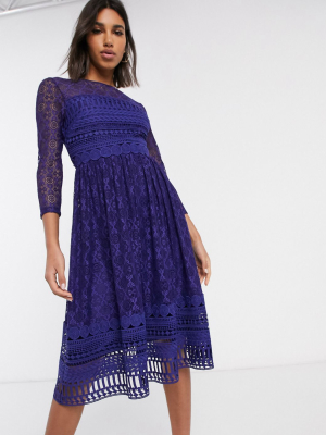 Asos Design Premium Lace Midi Skater Dress In Navy