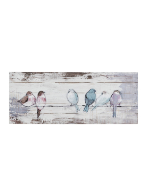 30" X 12" Perched Birds Hand Painted Wood Plank White/gray