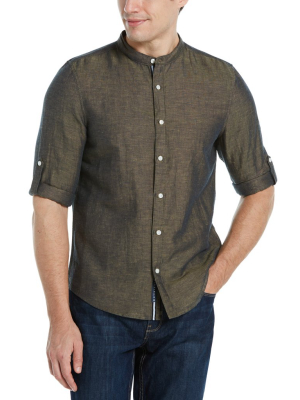 Untucked Linen Blend Roll Sleeve Slim Fit Banded Collar Shirt