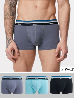 Asos Design 3 Pack Trunks In Blue Tones And Tonal Branded Waistband Save