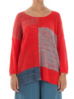 Loose Red & Blue Linen Jumper