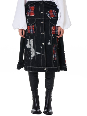 Patchwork Denim Skirt (bt-008-blk-red-check)