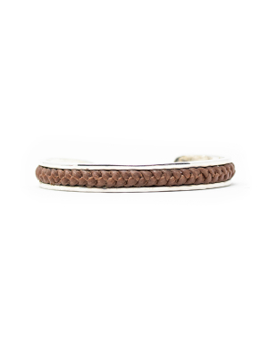 Silver Satin Finish Bangle With Brown Leather