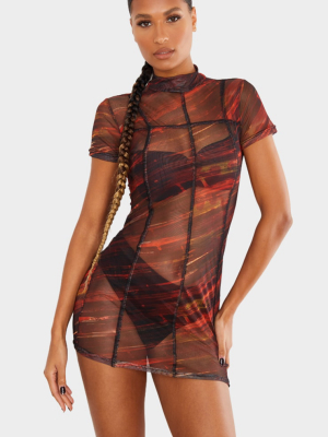 Red Abstract Print Mesh High Neck Stitch Detail...