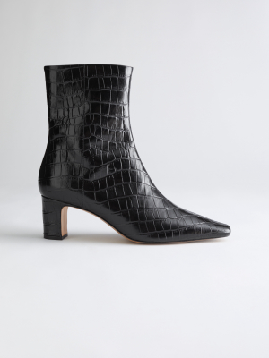 Croc Leather Heeled Ankle Boots