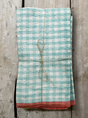 Set Of 4 Gingham Napkins In Aqua & Orange