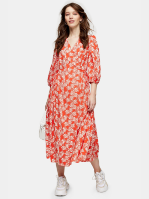 Red Floral Print Kimono Wrap Midi Dress